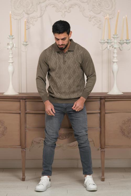 Polo Yaka Desenli Yünlü Erkek Triko Kazak