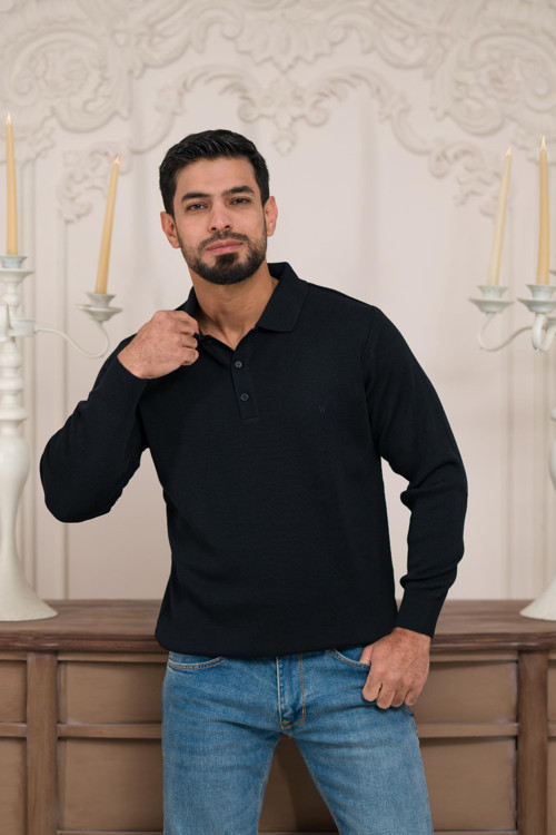 Polo Yaka Düz Renk Yünlü Erkek Triko Kazak