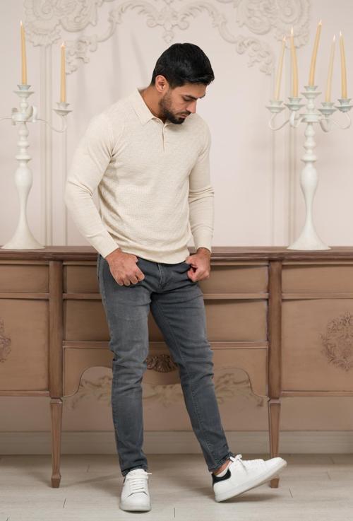 Polo Yaka Slimfit Desenli Yünlü Erkek Triko Kazak