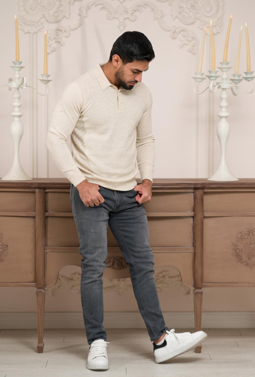 Polo Yaka Slimfit Desenli Yünlü Erkek Triko Kazak