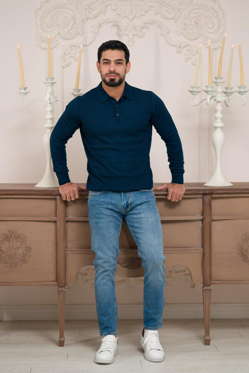 Polo Yaka Slimfit Desenli Yünlü Erkek Triko Kazak