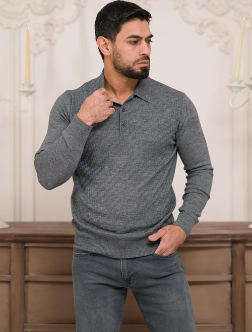 Polo Yaka Slimfit Desenli Yünlü Erkek Triko Kazak