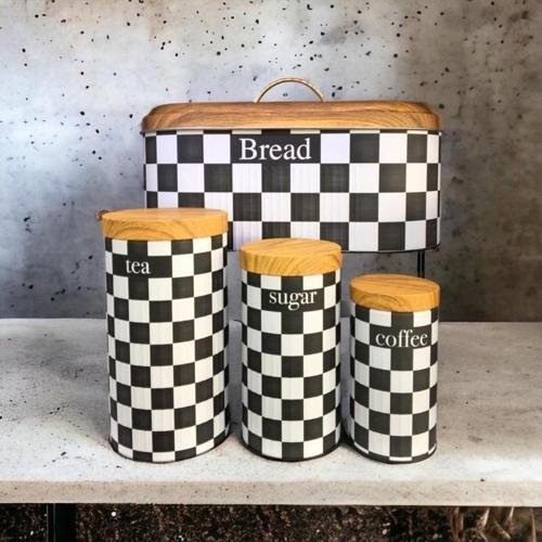 Bambu Kapak Görünümlü Dama Desenli Metal Ekmeklik Ve 3'lü Kavanoz Seti Siyahbeyaz