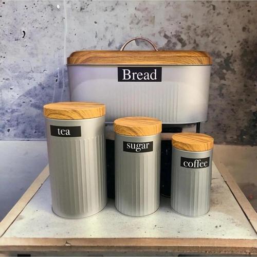 Bambu Kapak Görünümlü Dama Desenli Metal Ekmeklik Ve 3'lü Kavanoz Seti Siyahbeyaz