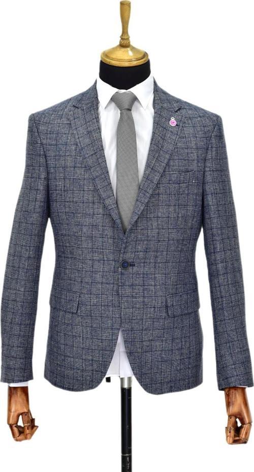 Erkek Lacivert Ekose Tek Spor Ceket Çift Yırtmaçlı BGL-ST03975