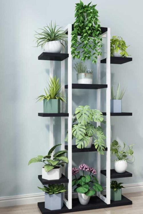 Mion Metal/ahşap Saksılık&çiçeklik Siyah Beyaz