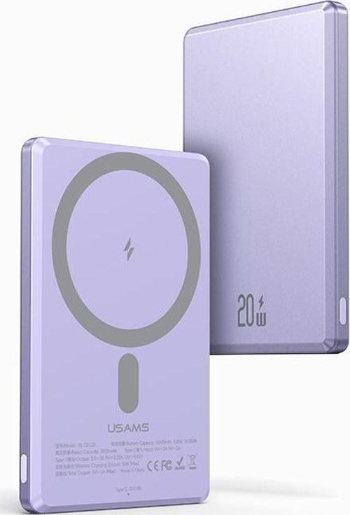 Kablosuz Şarj Mıknatıslı MagSafe Ultra Slim Alüminyum 5000mAh 20W Powerbank CD22002-Mor