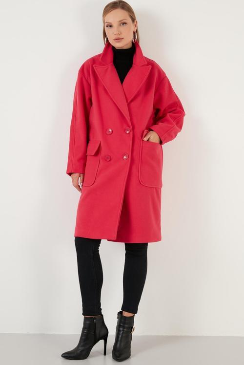 Oversize Çift Düğmeli Kruvaze Yaka Uzun Bayan Kaban 6230043 FUŞYA