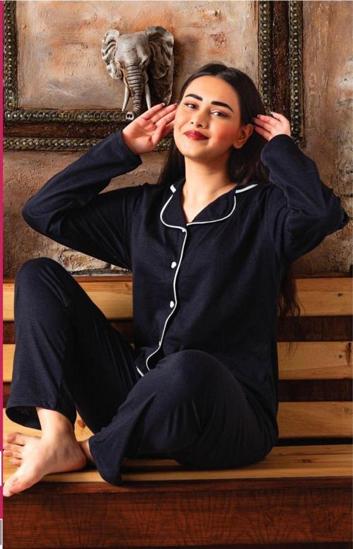 Gömlek Yaka Pamuklu 2 İplik Uzun Kol Kadın Pijama Takımı