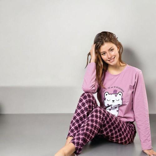 Sıfır Yaka Uzun Kol Likralı Desenli Kadın Pijama Takımı