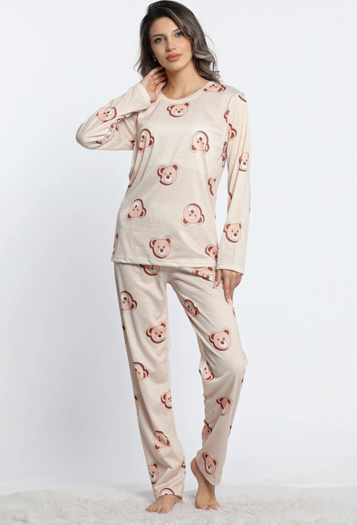 Kadın Bisiklet Yaka Uzun Kol Ayıcıklı Pijama Takımı