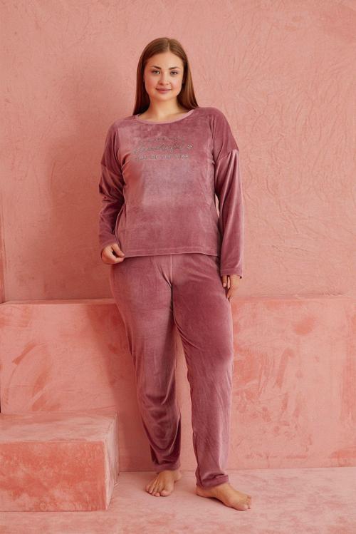 Büyük Beden Uzun Kol Kadife Pijama Takımı