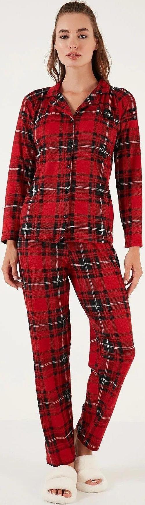 Ekose Desen Gömlek Yaka Süet Kadın Pijama Takımı