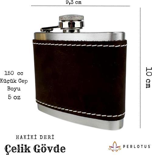 5 Oz 150 cc Koyu Kahverengi  El Yapımı Crazy Deri Kılıflı Çelik Viski Cep Matarası
