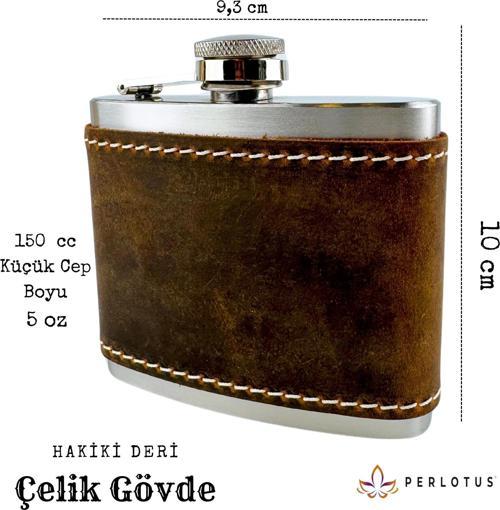 5 Oz 150 cc Fındık Kahverengi Crazy Deri Kılıflı El Yapımı Çelik Viski Cep Matarası