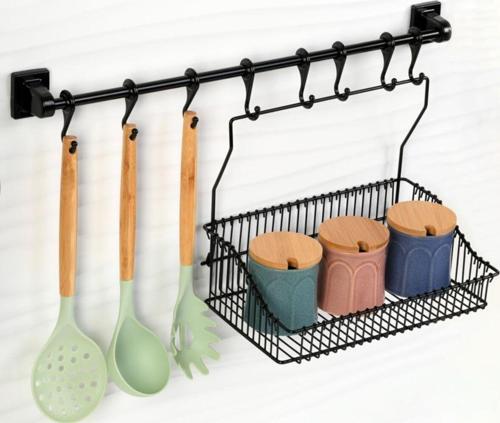 Vidasız Montaj Duvar Rayı 8Li Askı(45Cm) Ve Sepet 30 Cm