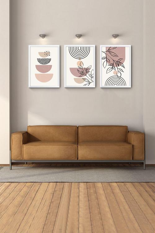 Beyaz Çerçeveli Modern Manzara Bohem Tablo 3Lü Tablo Set Büyük Duvar Tabloları Soyut Salon Tablolar