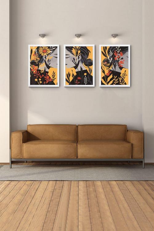 Bohem Tablo Modern Tablo Beyaz Çerçeveli Tablo 3Lü Tablo Yatak Odası Duvar Tabloları Soyut Tablo