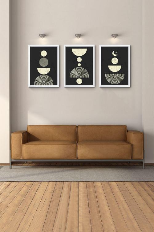 Beyaz Çerçeveli 3 Lü Tablo Bohem Tablo Soyut Tablo Salon Odası Çocuk Odası Dekor Tabloları