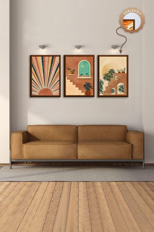 Çerçeveli Ahşap Tablo Kahve Köşesi Modern Tablo 3Lü Set Manzara Tabloları Büyük Salon Tablosu Seti