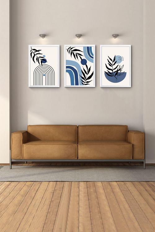 Beyaz Çerçeveli 3Lü Tablo Set Büyük Duvar Tablolari Modern Manzara Bohem Tablo Soyut Salon Tablolar