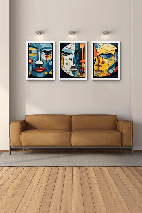 Beyaz Çerçeveli 3 Lü Tablo Soyut Tablo Salon Odası Çocuk Odası Dekor Tabloları Bohem Tablo