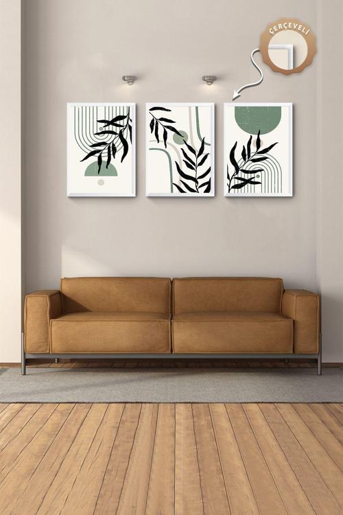 Modern Manzara Bohem Tablo Beyaz Çerçeveli 3Lü Tablo Set Büyük Duvar Tablolari Soyut Salon Tablolar