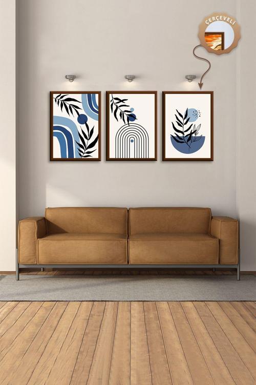 Ahşap Çerçeveli Büyük Duvar Tablolari Modern Manzara Bohem Tablo Soyut Salon Tablolar 3Lü Tablo Set