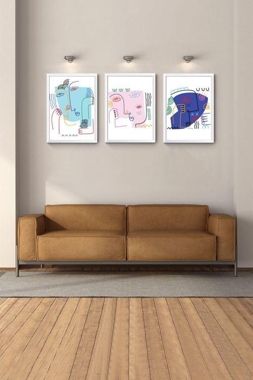 Modern Tablo Beyaz Çerçeveli Tablo 3Lü Tablo Yatak Odası Duvar Tabloları Soyut Tablo Bohem Tablo