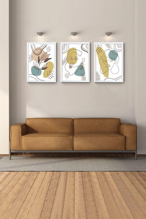 Beyaz Çerçeveli Tablo Modern Tablosu 3Lü Tablo Duvar Tabloları Soyut Tablo Yatak Odası Bohem Tablo