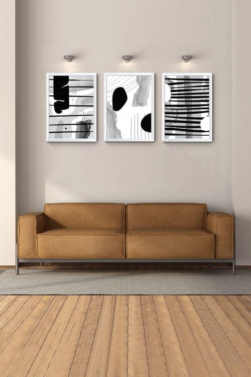 Bohem Tablo Modern Tablo Beyaz Çerçeveli Tablo 3Lü Tablo Yatak Odası Duvar Tabloları Soyut Tablo