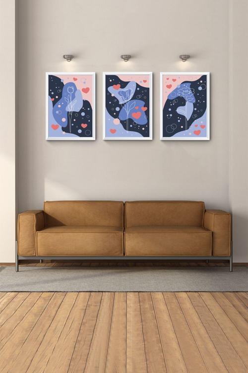 Soyut Tablo Bohem Tablo Modern Tablo Beyaz Çerçeveli Tablo 3Lü Tablo Yatak Odası Duvar Tabloları