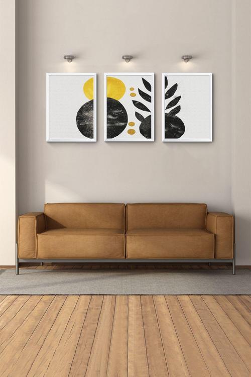 Beyaz Çerçeveli Tablo Modern Tablo Soyut Tablo 3Lü Tablo Yatak Odası Duvar Tabloları  Bohem Tablo