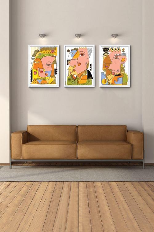 Beyaz Çerçeveli Tablo Modern Tablo 3Lü Tablo Yatak Odası Duvar Tabloları  Bohem Tablo Soyut Tablo