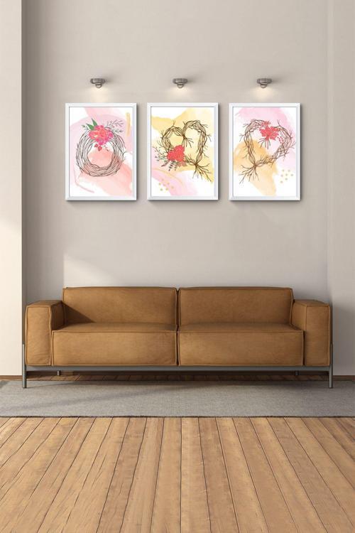 Soyut Tablo Bohem Tablo Modern Tablo Beyaz Çerçeveli Tablo 3Lü Tablo Yatak Odası Duvar Tabloları