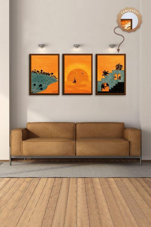 Ahşap Çerçeveli Tablo Duvar Tablosu Salon 3 Lü Tablo Seti Duvar Tabloları Modern Tablo Ahşap Tablo