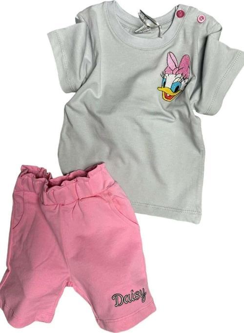 Kız Bebek Ördek İşlemeli Yazı Detaylı Pembe Şortlu Takım