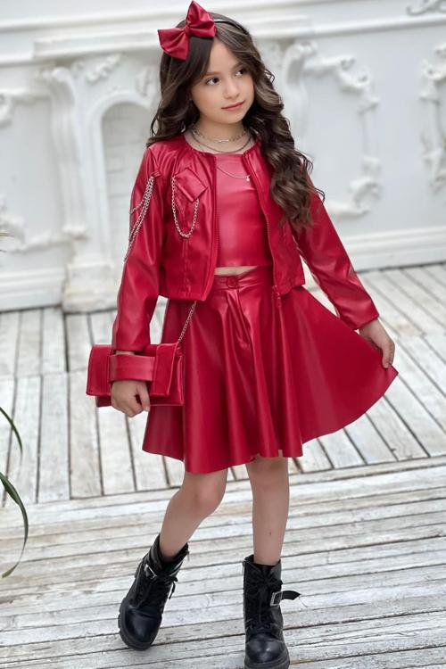 Kız Çocuk Zincir Detaylı Ceket Beli Manşetli Etek ve Croplu Kırmızı Etekli Takım