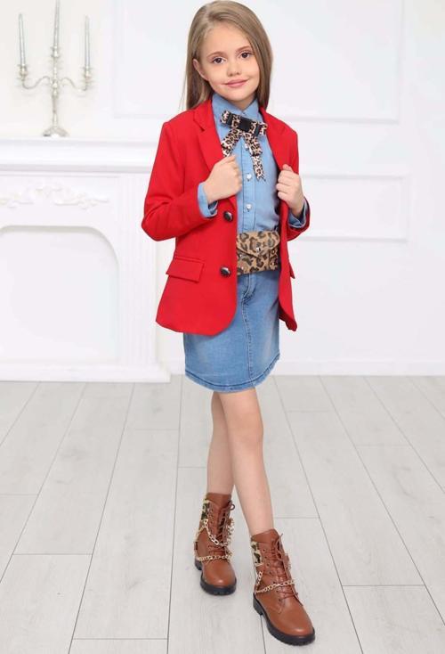 Kız Çocuk Leopar Desenli Fiyonk Detaylı Kot Gömlek Kırmızı Blazer Ceket Etekli Takım