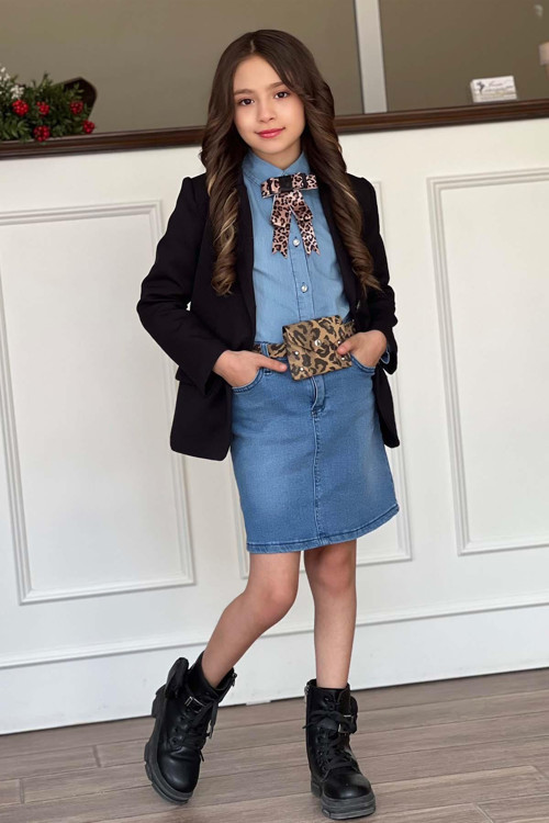Kız Çocuk Leopar Desenli Fiyonk Detaylı Kot Gömlek Siyah Blazer Ceket Etekli Takım