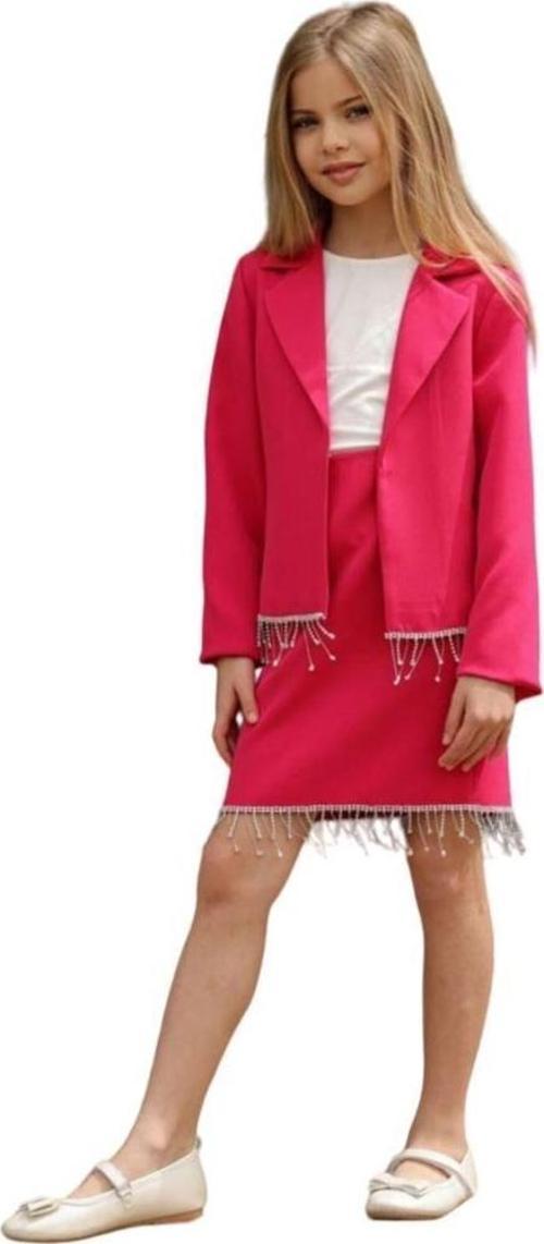 Kız Çocuk Dökümlü Kristal Taş Detaylı Fuşya Etekli Takım