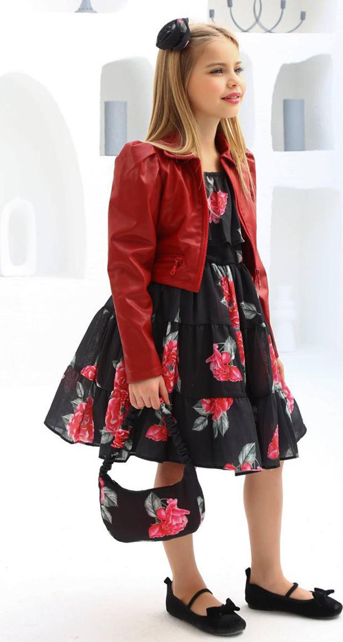 Kız Çocuk Çiçek Desenli Bordo Deri Ceketli Elbise