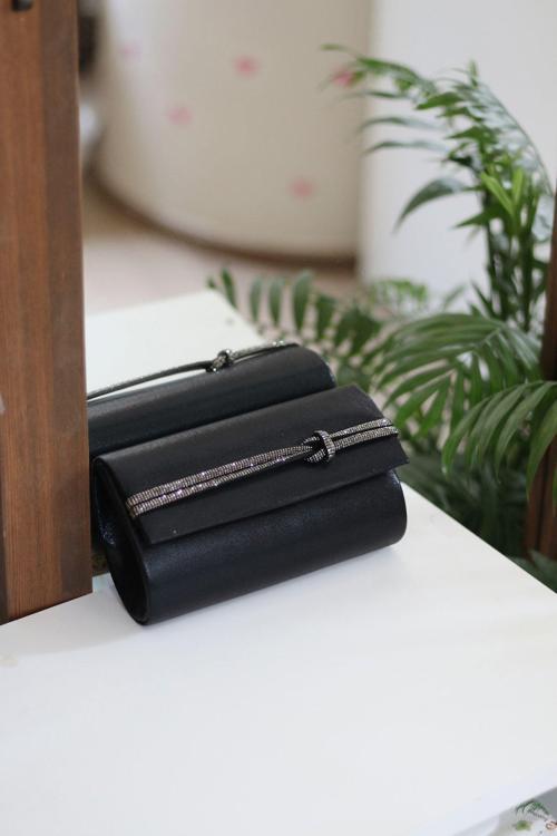 Kadın Siyah Taş Detaylı Abiye Zincirli Çanta