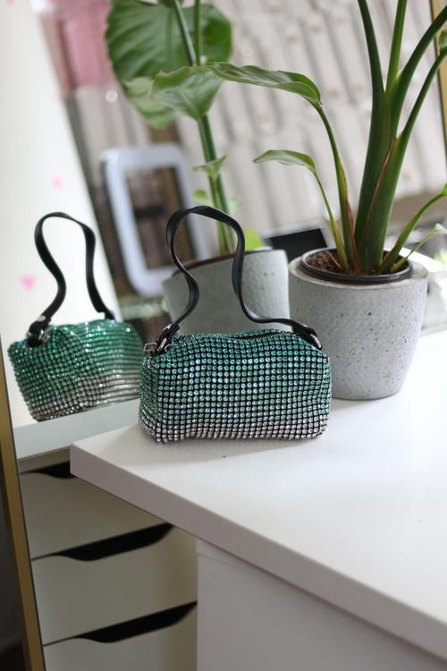 Kadın Silver Yeşil 2 Renkli Detaylı Deri Askılı Taşlı Abiye Omuz Çantası