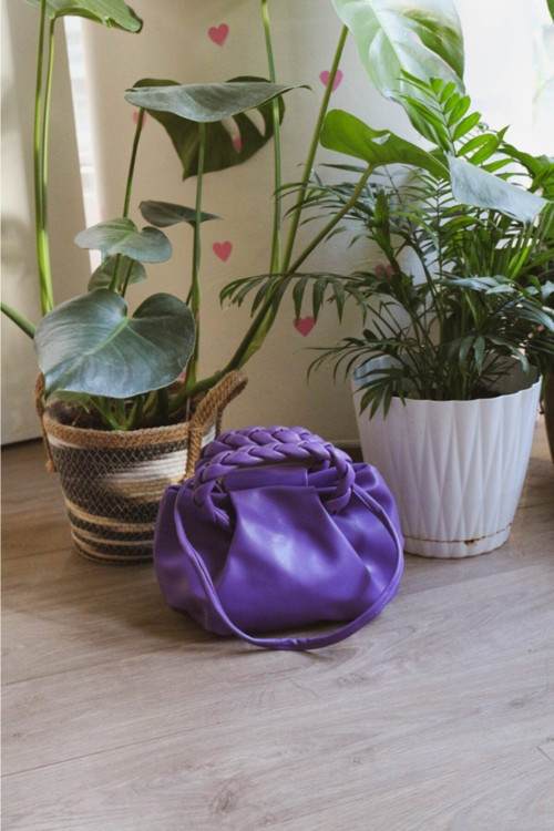 Kadın Mor Örme Saplı Yumuşak Deri Omuz Çantası