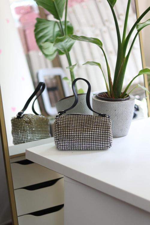 Silver Sarı 2 Renkli Detaylı Deri Askılı Taşlı Abiye Omuz Çantası