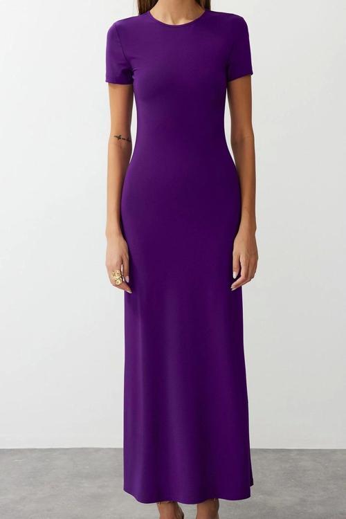 Bisiklet Yaka Gri Kısa Kol Bodycone Vücuda Oturan Bisiklet Yaka Esnek Örme Maxi Kalem Elbise