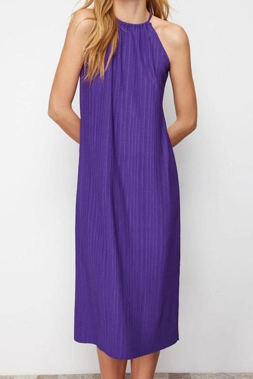 Moda Shift Casual Günlük Pilise Örme Halter Yaka Kolsuz Kol Shift Midi Boy Elbise