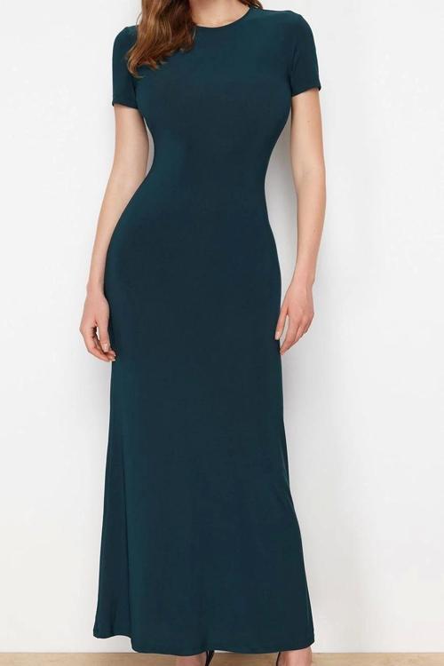 Bisiklet Yaka Gri Kısa Kol Bodycone Vücuda Oturan Bisiklet Yaka Esnek Örme Maxi Kalem Elbise