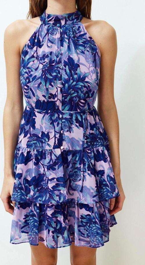 Kolsuz Halter Yaka Mini Elbise Sarı Çiçek Desenli A-Kesim Kat Kat Mini Astarlı Şifon Dokuma Elbise